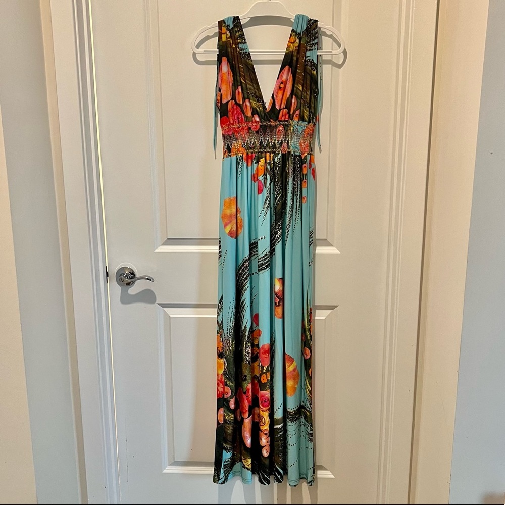 💙💗 XXL NWOT Bohemian Summer Maxi Dress Turqouise Color with Floral Accents